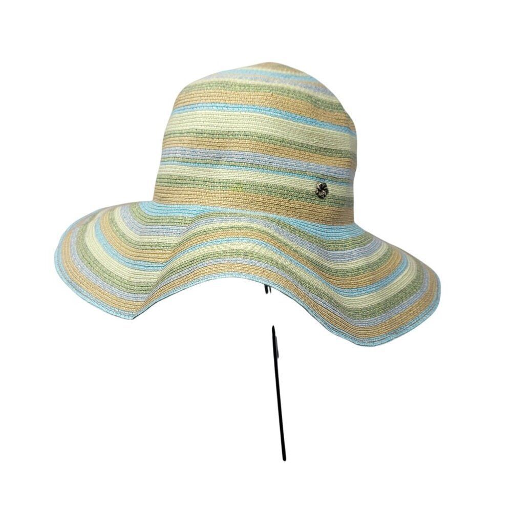 Flora Bella Pastel Floppy Wide Brim Straw Beach‎ Sun Hat Blue Green Striped
